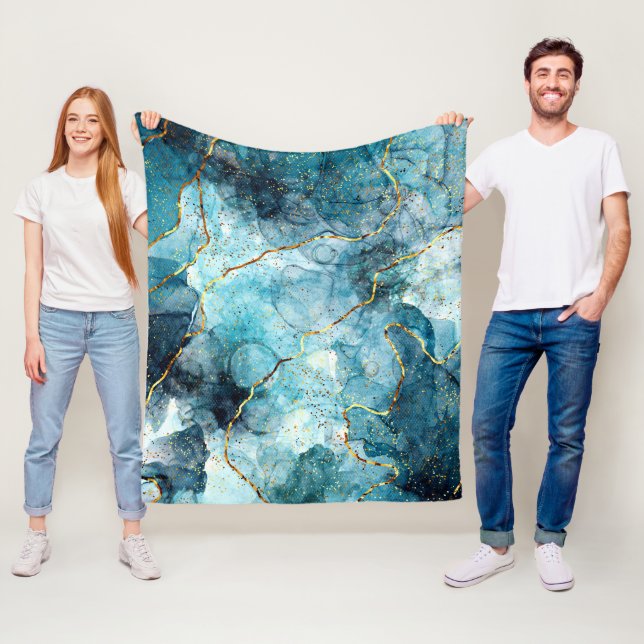 Blue and gold glittery marble  fleece blanket (In Situ)