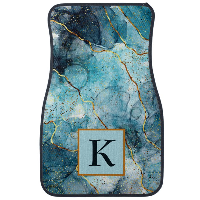 Blue and gold glittery marble  monogram car floor mat (Front)