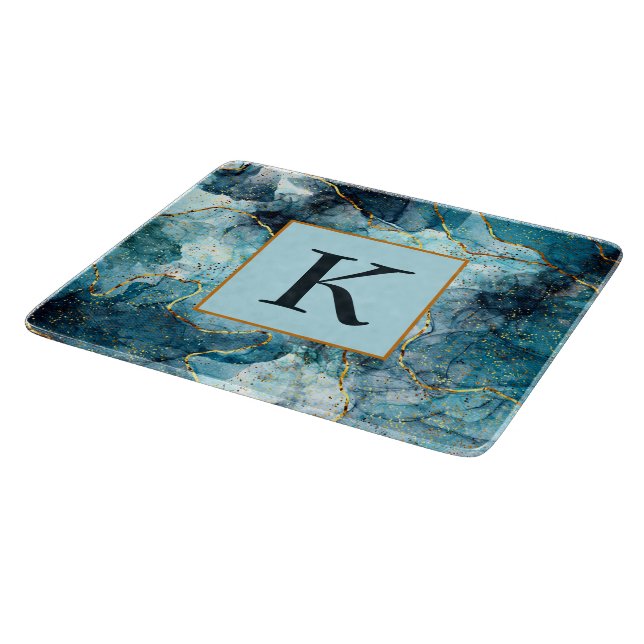 Blue and gold glittery marble monogram cutting board (Corner)