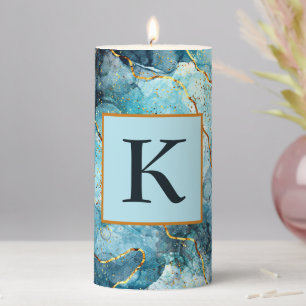 Blue and gold glittery marble monogram pillar candle