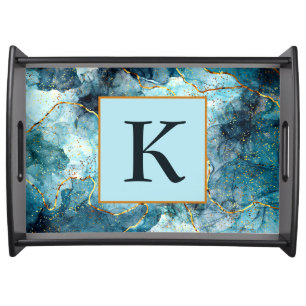 Blue and gold glittery marble monogram serving tray
