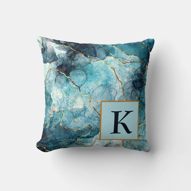 Blue and gold glittery marble  monogram throw pill pillow (Front)