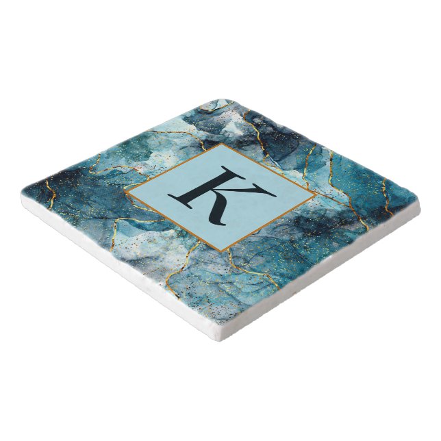 Blue and gold glittery marble monogram trivet (Corner)