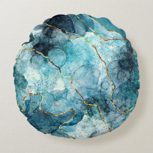 Blue and gold glittery marble round pillow