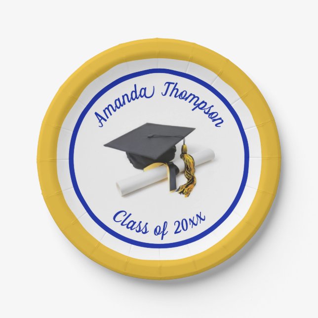 Blue and Gold Graduation Cap and Tassel | Custom Paper Plates (Front)