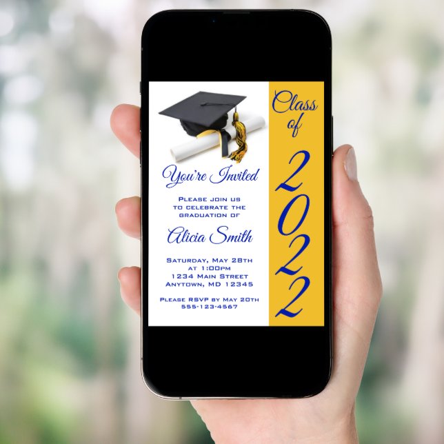 Blue and Gold Graduation Cap and Tassel Invitation (Front Digital)
