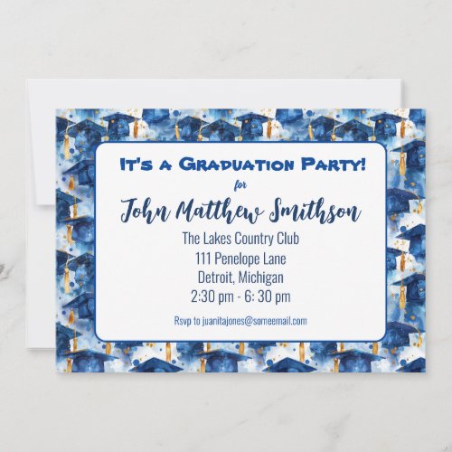 Blue and Gold Graduation Cap Party invitations
