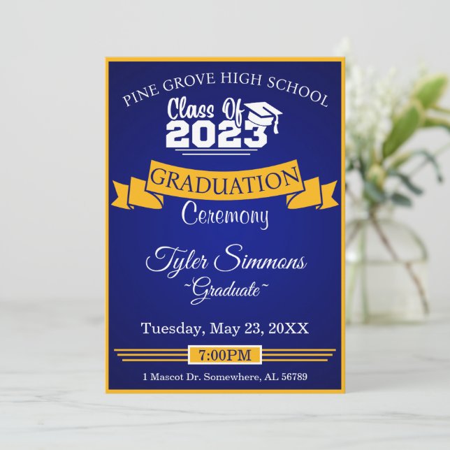 Blue and Gold Graduation Invitation (Standing Front)