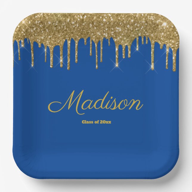 Blue and Gold Graduation Party Grad Class of 2024 Paper Plates (Front)