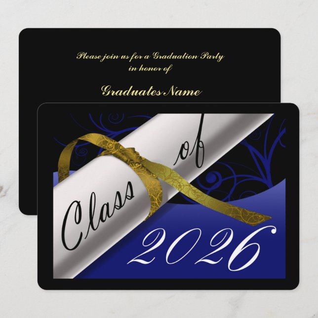 Blue and Gold Graduation Party Invitation (Front/Back)