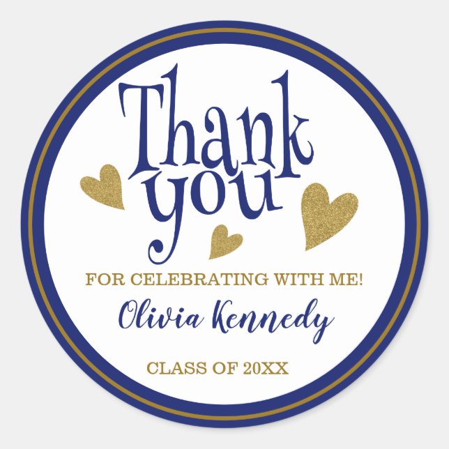 Blue And Gold Graduation Party Thank You Favor   Classic Round Sticker (Front)