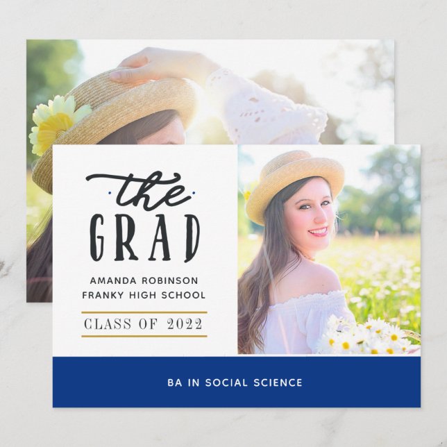 Blue and Gold Graduation Photo Announcement (Front/Back)
