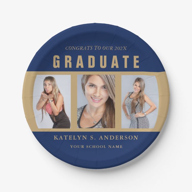 Blue and Gold Graduation Photo Collage Custom Paper Plates (Front)