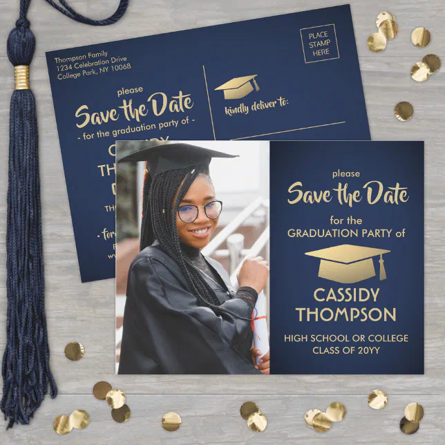 Blue and Gold Graduation Photo Save the Date Postcard | Zazzle