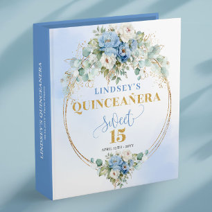 Blue and Gold Greenery Quinceañera Memory Album 3 Ring Binder