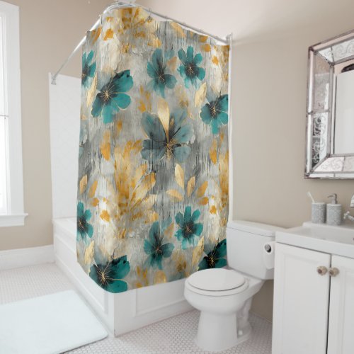 Blue and Gold Grunge Bontanical Shower Curtain