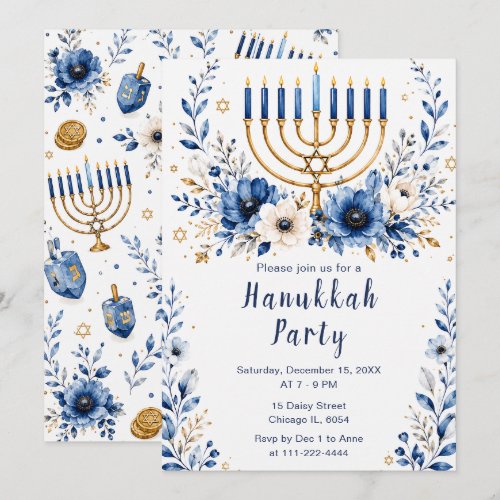 Blue and Gold Hanukkah Party Invitation