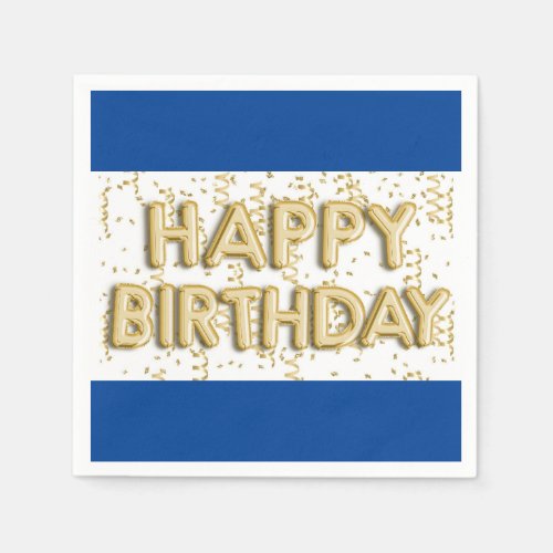 Blue and Gold Happy Birthday Paper Napkin