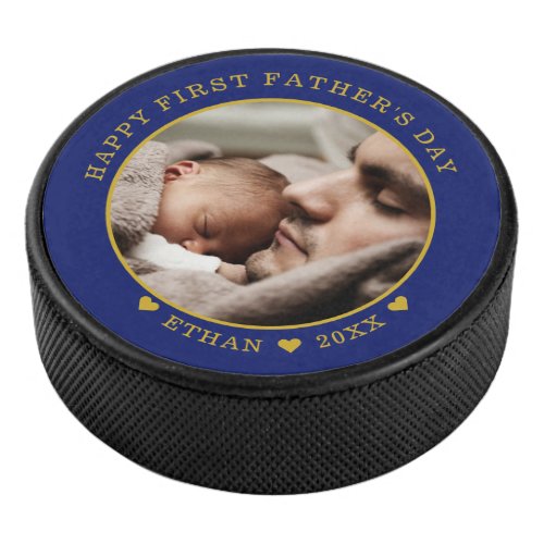 Blue And Gold Happy First Fathers Day Photo Hockey Puck