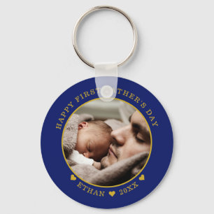 Blue And Gold Happy First Father's Day Photo Keychain