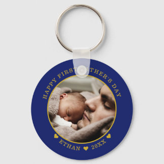 Blue And Gold Happy First Father's Day Photo   Keychain