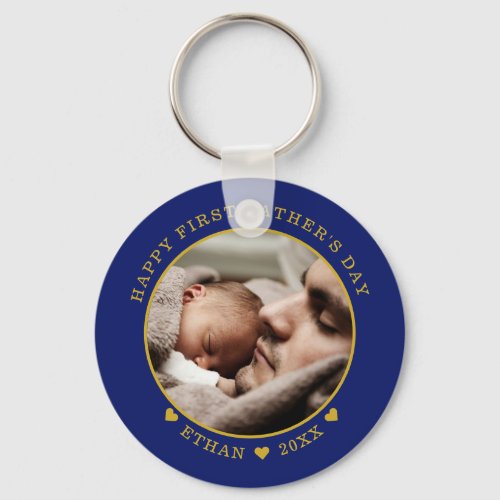 Blue And Gold Happy First Fathers Day Photo   Keychain