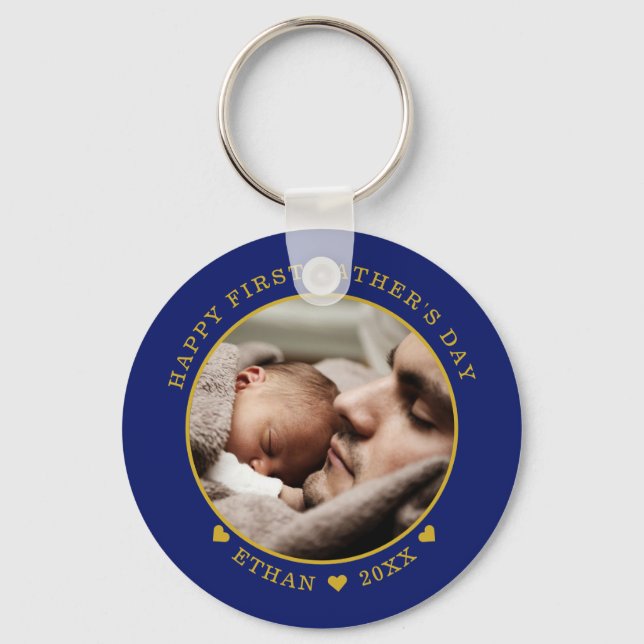 Blue And Gold Happy First Father's Day Photo   Keychain (Front)