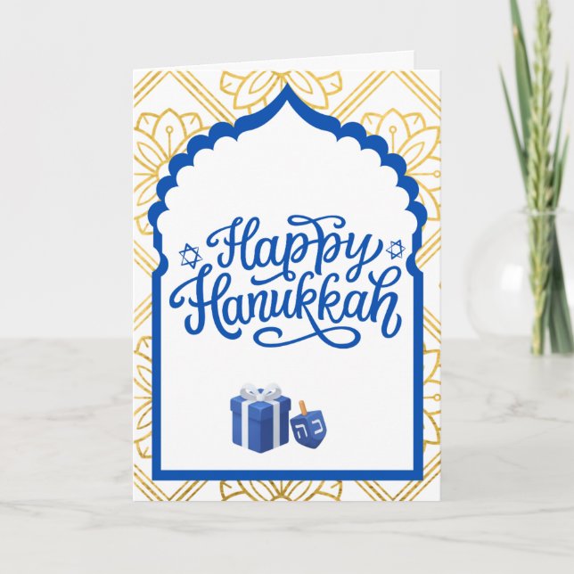 Blue and Gold Happy Hanukkah Holiday Card (Front)