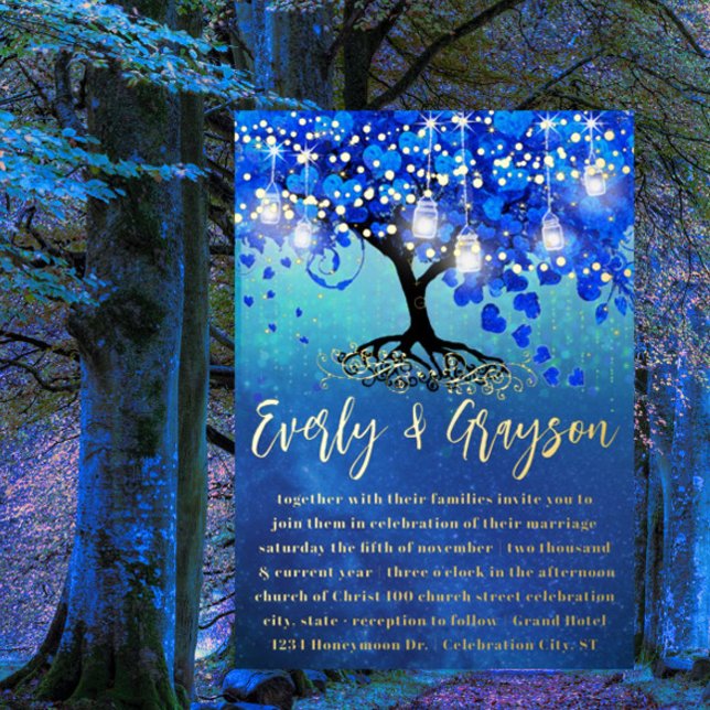 Blue and Gold Heart Leaf Tree Gold Foil Wedding  Invitation (Creator Uploaded)