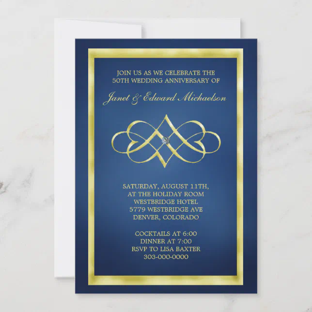 Blue and Gold Heart Swirl Anniversary Invitation | Zazzle