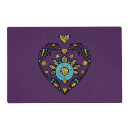 Blue and gold heart tattoo on purple background placemat