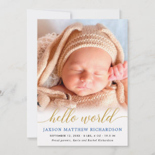 Blue and gold hello world baby boy announcement