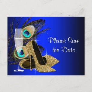 Blue and Gold High Heel Shoe Peacock Save The Date Announcement Postcard