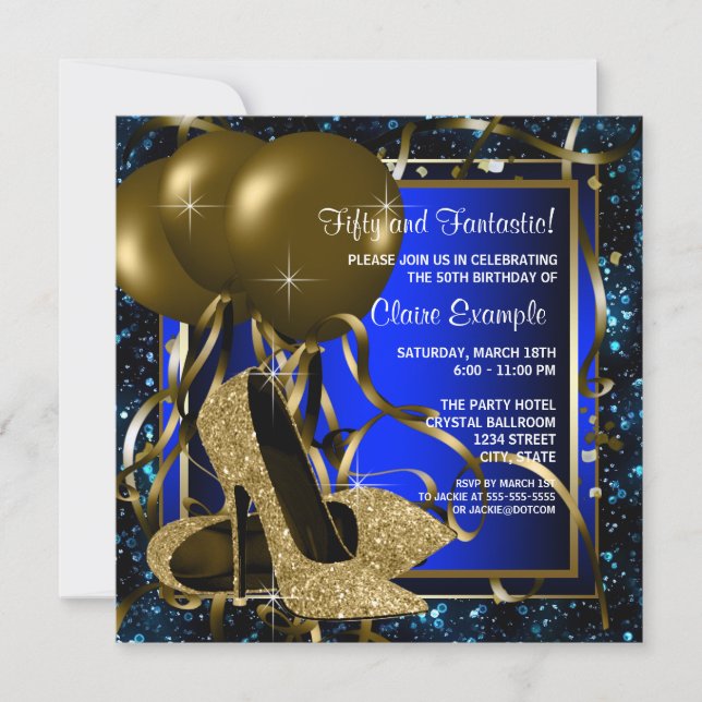 Blue and Gold High Heels Birthday Party Invitation (Front)