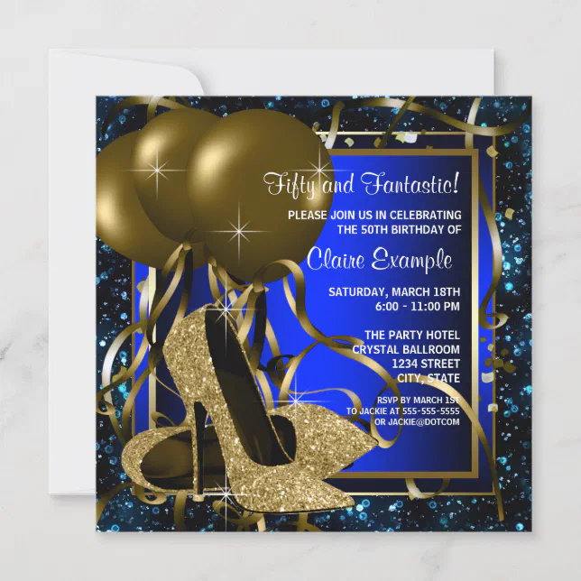 Blue and Gold High Heels Birthday Party Invitation | Zazzle