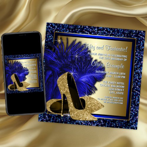 Blue and Gold High Heels Womans Birthday Party Invitation