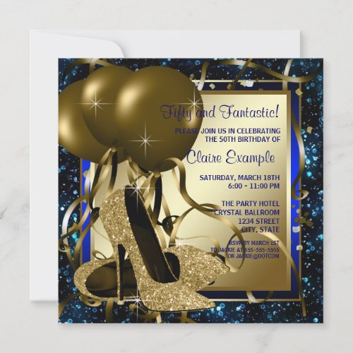 Blue and Gold High Heels Womans Birthday Party Custom Invites