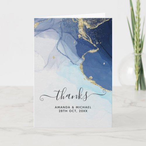Blue and Gold Ink Splatter Thank You Card