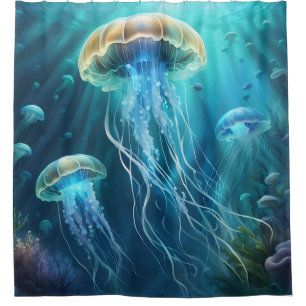 Blue and Gold Jellyfish Shower Curtain