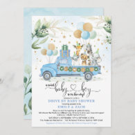 Blue and Gold Jungle Safari Drive Thru Baby Shower Invitation