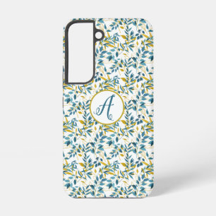 Blue and Gold Leaf Pattern With Initials Samsung Galaxy S22 Case