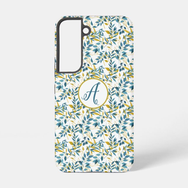 Blue and Gold Leaf Pattern With Initials Samsung Galaxy Case (Back)
