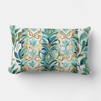 Blue and gold. Leaves and flourishes, stripes Lumbar Pillow