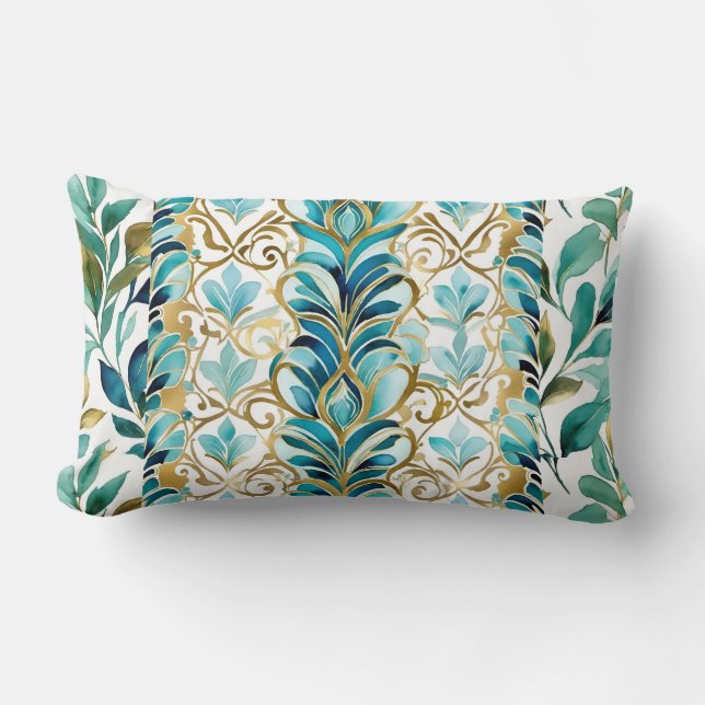 Blue and gold. Leaves and flourishes, stripes  Lumbar Pillow (Front)