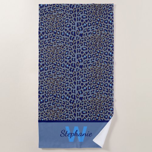 Blue and gold leopard print beach towel