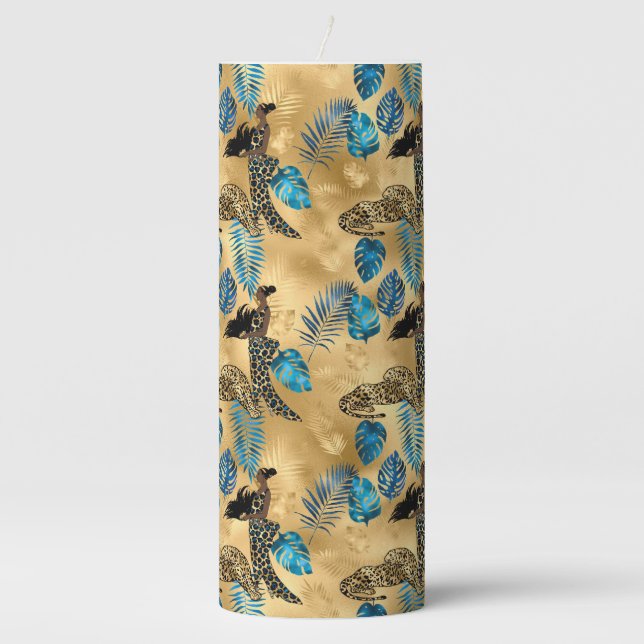 Blue and Gold Leopard Series Design 7 Pillar Candle (Front)