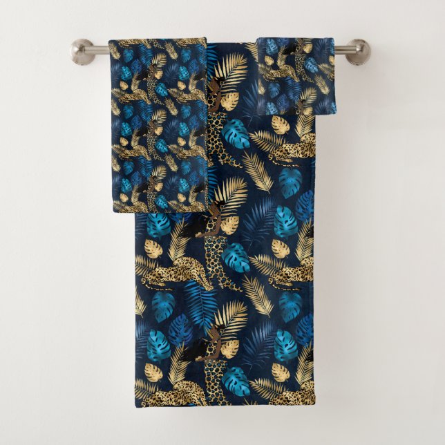 Blue and Gold Leopard Series Design 8 Bath Towel Set (Insitu)