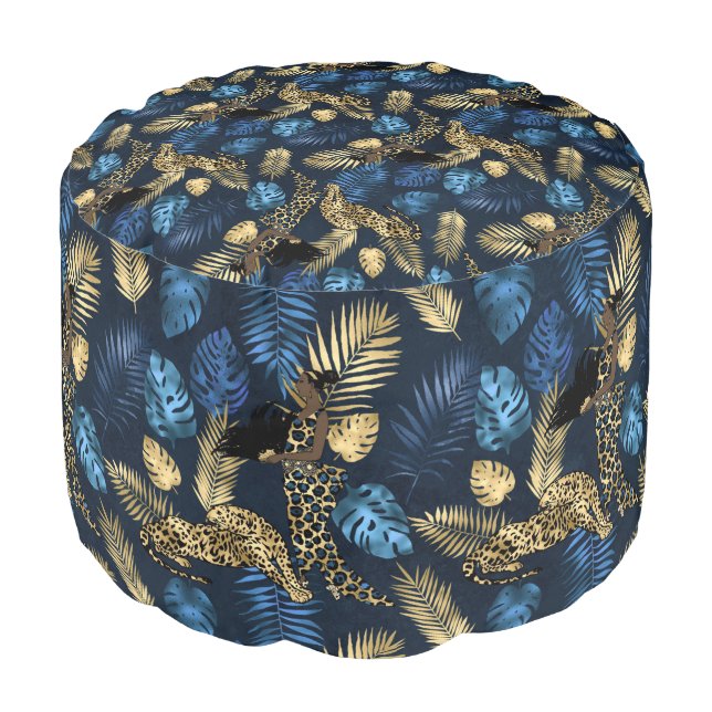 Blue and Gold Leopard Series Design 8  Pouf (Angled Front)
