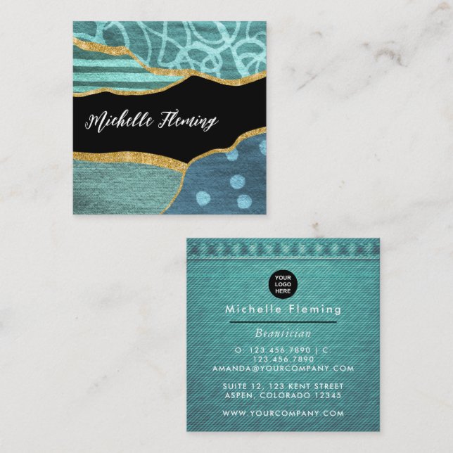 Blue and Gold Linen Fabric Denim Square Business Card (Front/Back)