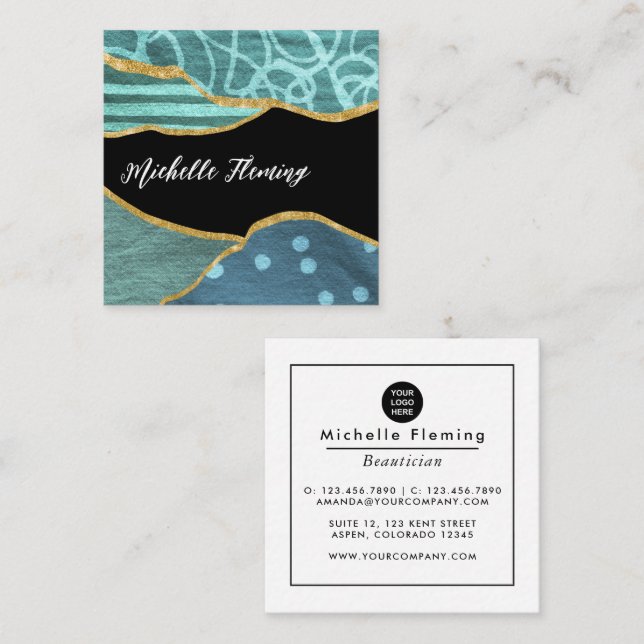 Blue and Gold Linen Fabric Denim Square Business S Square Business Card (Front/Back)